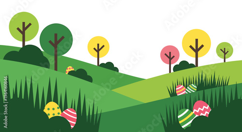 modern flat design easter egg hunt in a spring landscape with colorful eggs hidden in green hills and trees.