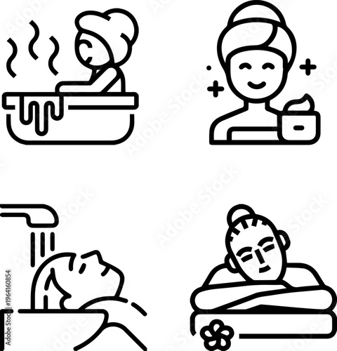 Spa and wellness line icon set featuring woman in bathtub, facial treatment, hair washing and massage
