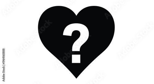 A stark black heart shape contains a white question mark visually representing uncertainty about love or relationships high quality professional detailed
