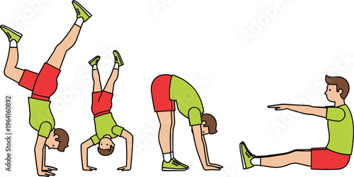 Gymnastics Handstand Progression Sequence Showing Balance Training Steps from Forward Fold to Seated Position in Flat Vector Exercise Illustration Set