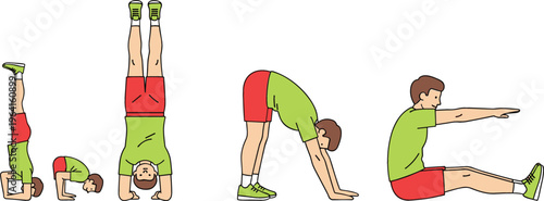 Handstand Training Progression Set with Male Athlete Showing Balance Practice Steps from Tuck Position to Full Inversion in Flat Vector Exercise Illustration