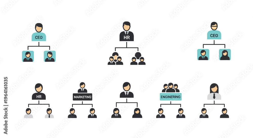 Naklejka premium Organizational Structure Flat Vector Illustration Set, Company Hierarchy Variations, Team Structure Diagram, Corporate Management System, Business Organization Charts Collection for UI UX Design