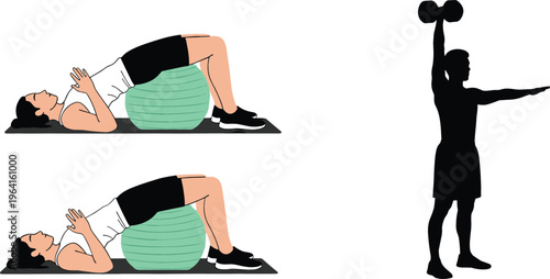 Home Workout Set Featuring Stability Ball Glute Bridge Exercise and Dumbbell Strength Training Silhouette in Modern Flat Vector Fitness Illustration