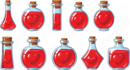 Love Potion Bottle Set with Heart Filled Glass Flasks in Various Shapes for Valentine Romantic Magic Concept Cute Vector Illustration Collection
