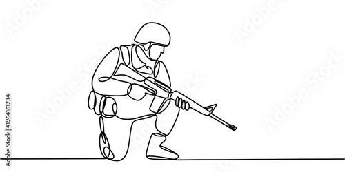 A single continuous line drawing of a military soldier kneeling while holding a rifle weapon