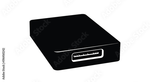 A minimalist black silhouette depicts a modern external hard drive with a visible usb port high quality professional detailed elegant stylish