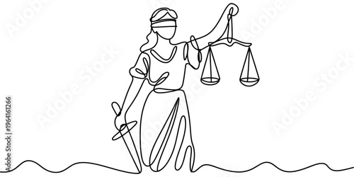 A single line drawing of the lady justice figure holding a balance scale and a sword in her hand