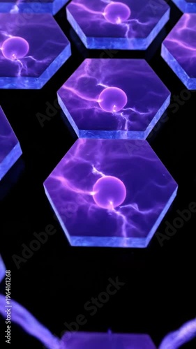 Abstract Hexagonal Grid with Glowing Purple Plasma Energy and Dynamic Electric Discharge Sparks on Dark Background Futuristic Sci-Fi Vertical Seamless Loop Animation