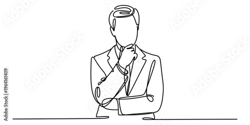 A continuous line drawing of a pensive business person looking thoughtful with a hand on chin