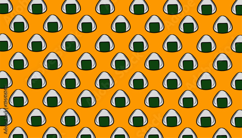 Onigiri seamless pattern illustration. Japanese rice snack repeat background. Nori wrapped triangle minimal style. Asian food texture design. Lunch wrapping surface.