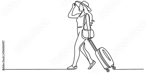 A single continuous line drawing of a woman in a sun hat walking while pulling her rolling suitcase