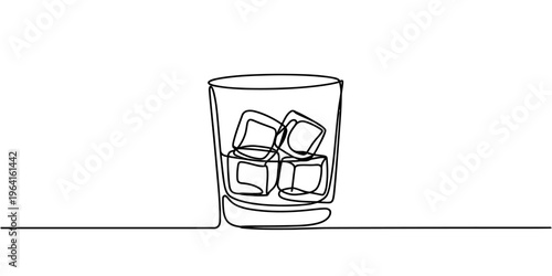 A minimalist single continuous line drawing of a glass filled with several square ice cubes