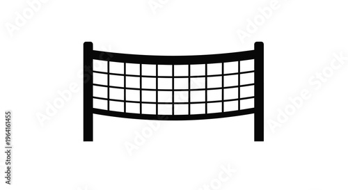 A simple black and white illustration depicts a volleyball net showing the rectangular mesh and supporting posts high quality professional detailed