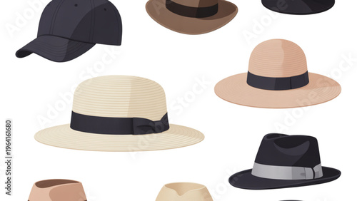 Assorted styles of straw hats displayed in a variety of designs and colors Vector