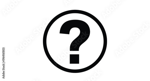 A simple black and white illustration depicts a question mark enclosed within a bold circular frame high quality professional detailed modern