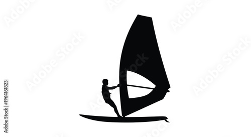 A silhouetted image depicts a windsurfer skillfully riding a wave leaning into the wind with a full sail high quality professional