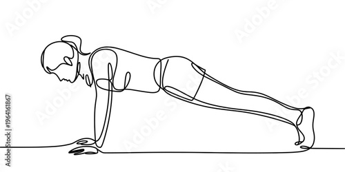 A minimalist single line drawing of a woman performing a challenging plank exercise workout