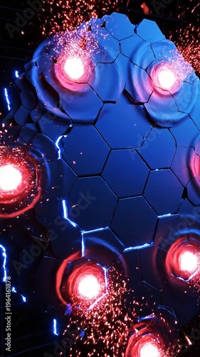 Abstract Futuristic Hexagonal Grid Structure with Glowing Blue and Red Orbs and Electric Lightning Discharge on Dark Background Sci-Fi Vertical Seamless Loop Animation