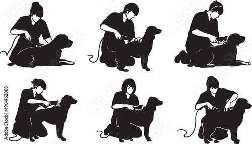 Photos Black Solid Dog Groomers Trimming Fur Silhouettes Set of Six on White Background