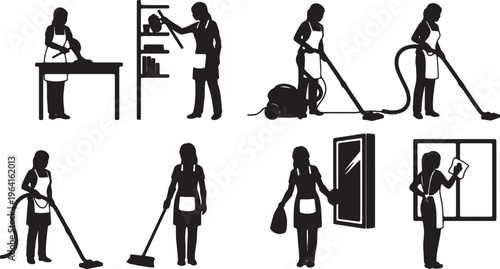 Photos Black Solid Domestic Cleaning Housekeeper Silhouettes Set of Six on White Backgr