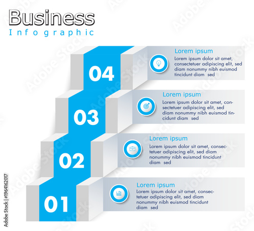 Foto Elegant four step blue stair infographic background highlighting business progre