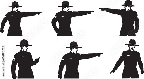 Konstfotografi Black Solid Drill Sergeants Pointing Shouting Silhouettes Set of Six on White Ba