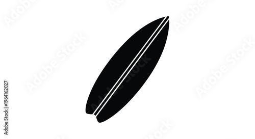 A minimalist black and white illustration depicts a surfboard angled diagonally against a stark white background high quality professional detailed modern