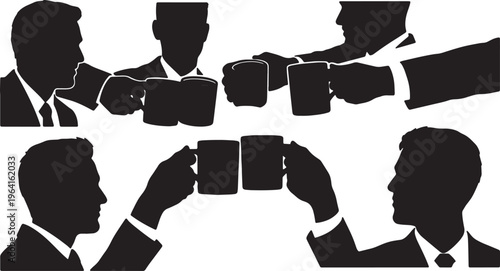 Black Solid Business Partners Clinking Mugs Silhouettes Set of Six on White Background