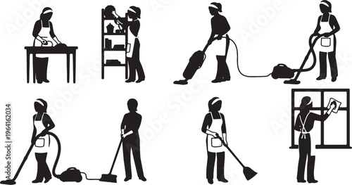 Fotografie Black Solid Domestic Cleaning Housekeeper Silhouettes Set of Six on White Backgr