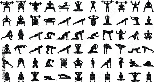 Large collection of fitness silhouettes featuring people weightlifting stretching practicing yoga and doing bodyweight exercises representing diverse workout routines healthy lifestyle and athleticism