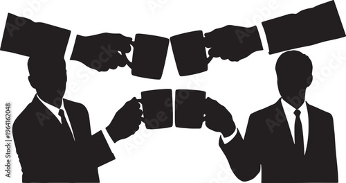 Black Solid Business Partners Clinking Mugs Silhouettes Set of Six on White Background
