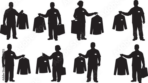 Black Solid Dry Cleaning Attendants Clothes Silhouettes Set of Six on White Background