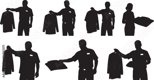 Black Solid Dry Cleaning Attendants Clothes Silhouettes Set of Six on White Background