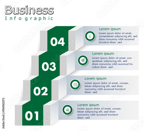 Modern four step green stair infographic presentation illustrating business progress process for education with timeline and professional icons