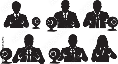 Black Solid Business Partners Hand Gesture Webcam Silhouettes Set of Six on White Background