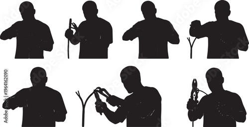 Black Solid Electricians Stripping Wires Pliers Silhouettes Set of Six on White Background