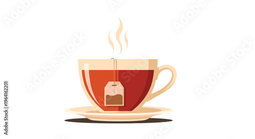 Realistic vector illustration of a warm cup of brown tea on a saucer with steam rising and a tea bag tag hanging from the side for a cozy atmosphere.
