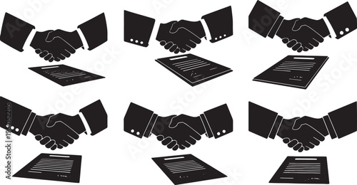 Black Solid Business Partners Shaking Hands Contract Silhouettes Set of Six on White Background