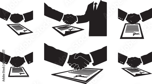 Black Solid Business Partners Shaking Hands Contract Silhouettes Set of Six on White Background