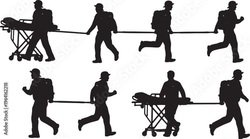 Black Solid Emergency Paramedics Stretcher Silhouettes Set of Six on White Background
