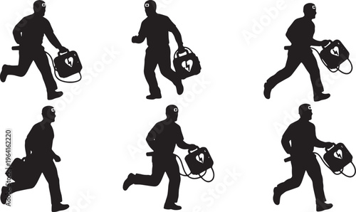 Black Solid Emergency Doctors Running Defibrillator Silhouettes Set of Six on White Background