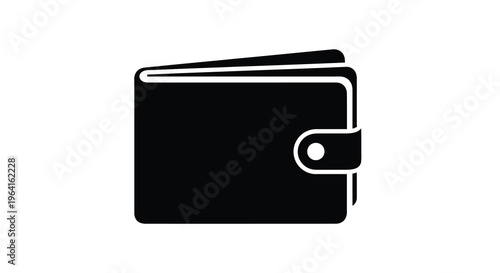 A simple black and white illustration depicts a closed wallet showcasing its rectangular shape and snap closure high quality professional detailed
