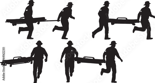 Black Solid Emergency Paramedics Stretcher Silhouettes Set of Six on White Background