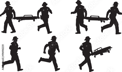 Black Solid Emergency Paramedics Stretcher Silhouettes Set of Six on White Background