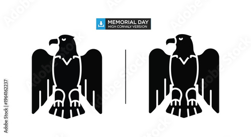 Memorial Day eagle icons, black and white vector graphics, patriotic symbols, American eagles