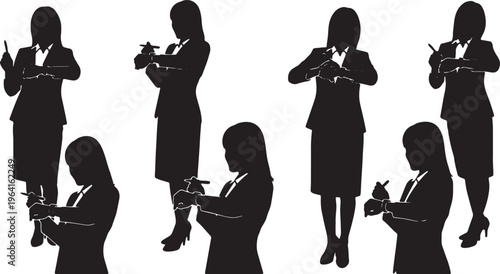 Black Solid Businesswomen Checking Smartwatch Silhouettes Set of Six on White Background