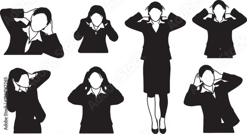 Black Solid Businesswomen Covering Ears Silhouettes Set of Six on White Background