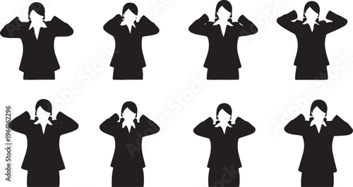Black Solid Businesswomen Covering Ears Silhouettes Set of Six on White Background