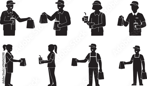 Black Solid Fast Food Workers Handing Bags Silhouettes Set of Six on White Background