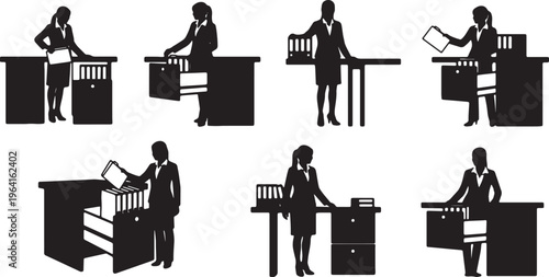 Black Solid Businesswomen Placing File Drawer Silhouettes Set of Six on White Background